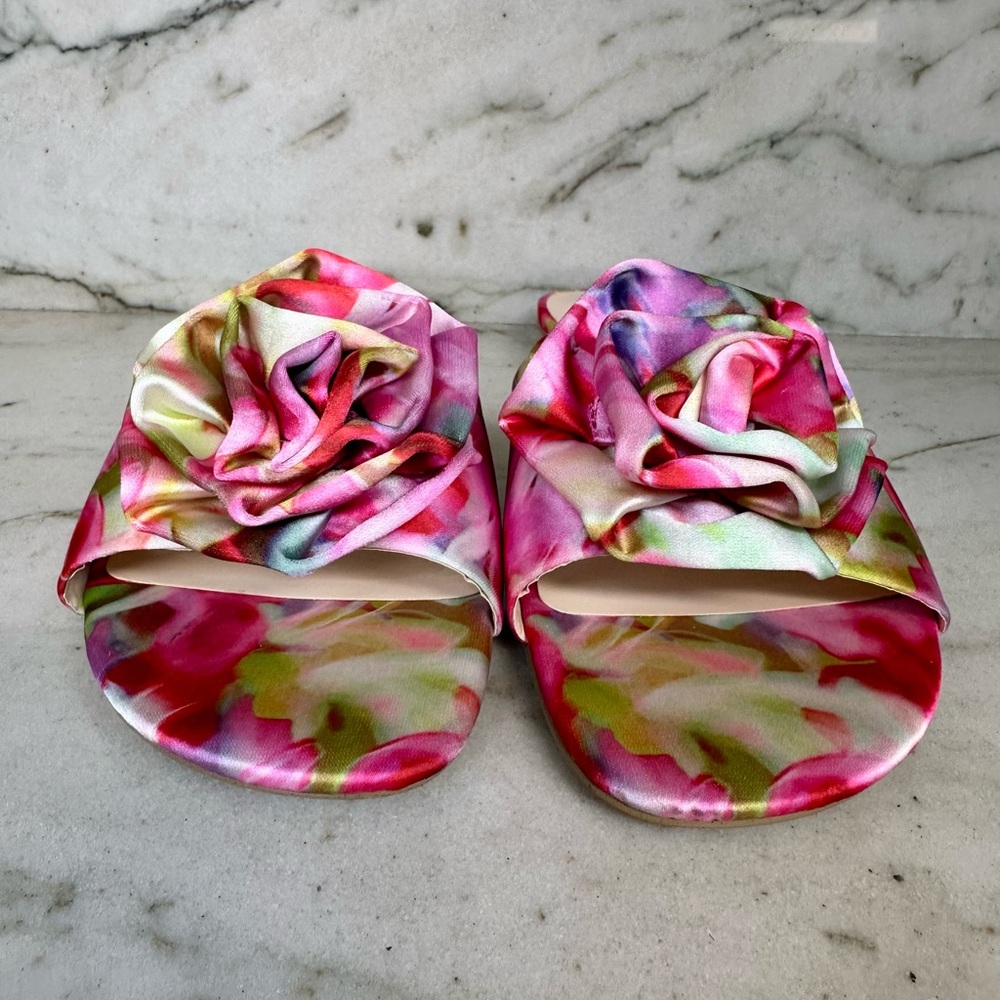 Jessica Simpson Floral Rosette Slide Sandals Pink Satin Mule Flats Size 8 - Picture 3 of 7